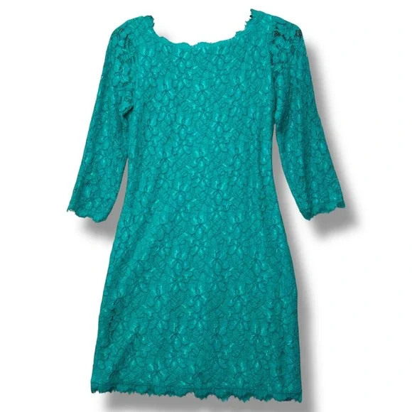 Diane von‎ Furstenberg Lace Dress Gold Zip Front 3/4 Sleeve Green Size 4 - Picture 2 of 8
